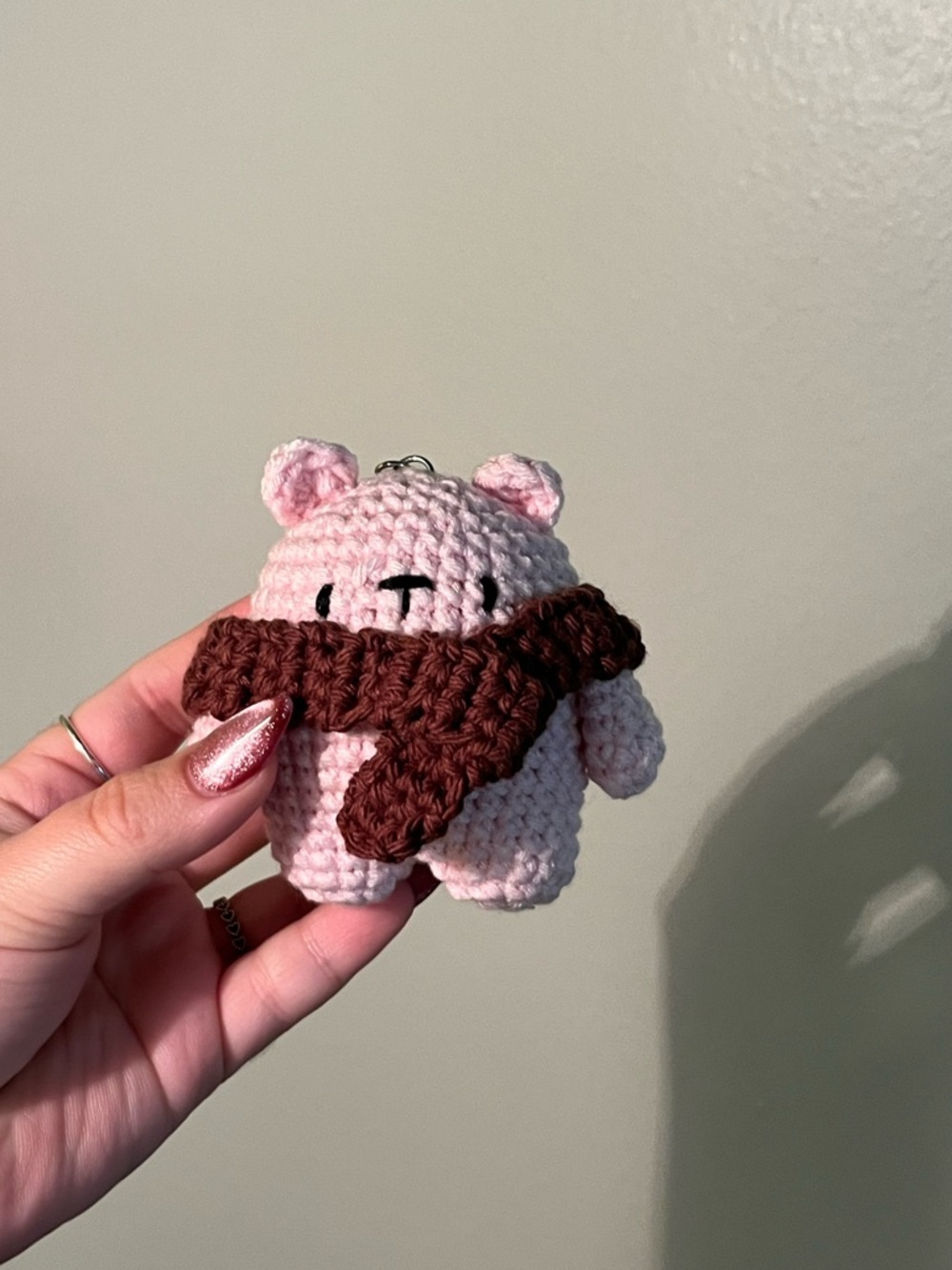 Handmade Pink Crochet Bear Keychain with Brown Scarf